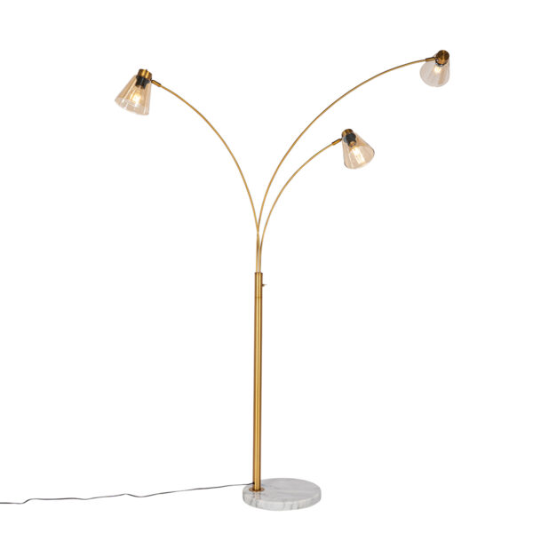 Booglamp brons met marmer en amber glas 3-lichts - Nina - Afbeelding 2