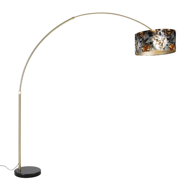 booglampen Booglamp messing met zwart kap bloem dessin 50 cm XXL StaalStof Bloemen print Een hele chique booglamp voor in de woonkamer of op kantoor. trekt