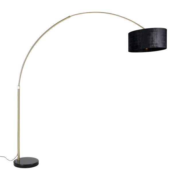 booglampen Booglamp messing met zwart stoffen kap 50 cm XXL StaalStof Zwart Een hele chique booglamp voor in de woonkamer of op kantoor. trekt direct alle