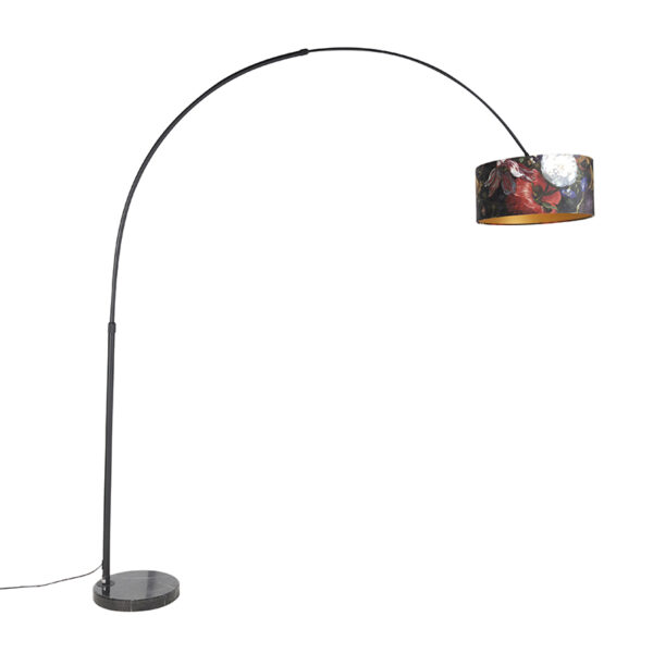 booglampen Booglamp zwart velours kap bloemen dessin 50 cm XXL StaalMarmerStof Multicolor Een leuke booglamp als blikvanger in Deze met marmeren voet is net wat
