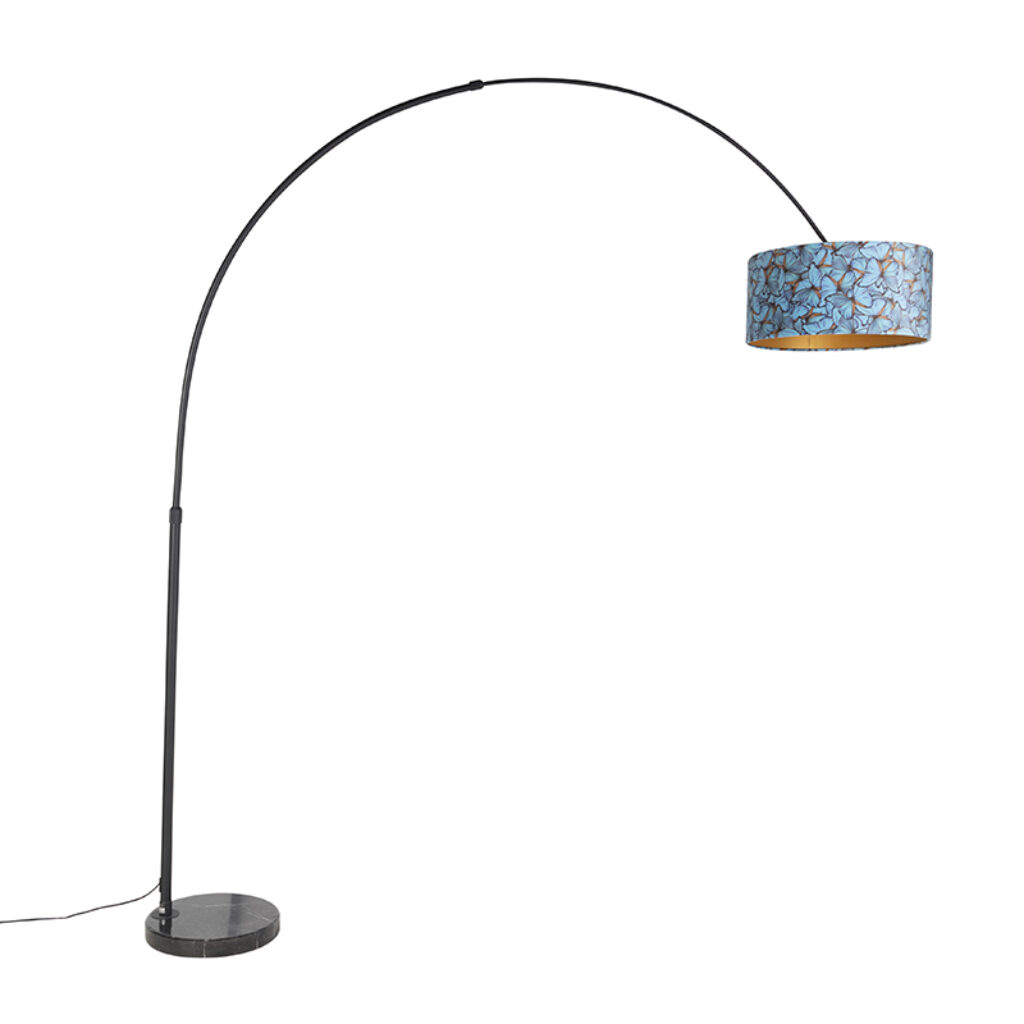 booglampen Booglamp zwart velours kap vlinder dessin met goud 50 cm XXL StaalMarmerStof Multicolor Een leuke booglamp als blikvanger in Deze marmeren voet is