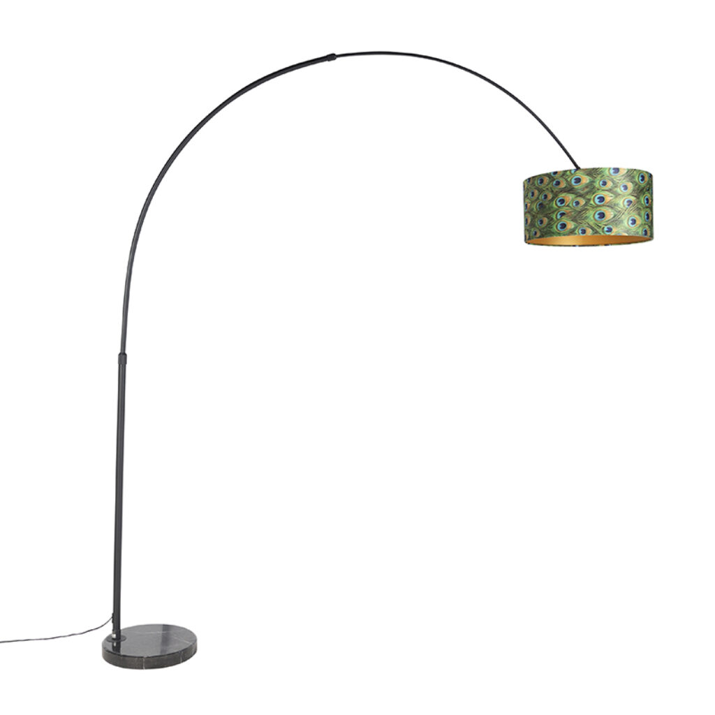 booglampen Botanische booglamp zwart velours kap pauw dessin 50 cm XXL StaalMarmerStof Groen Een leuke als blikvanger in Deze met marmeren voet is net wat jij