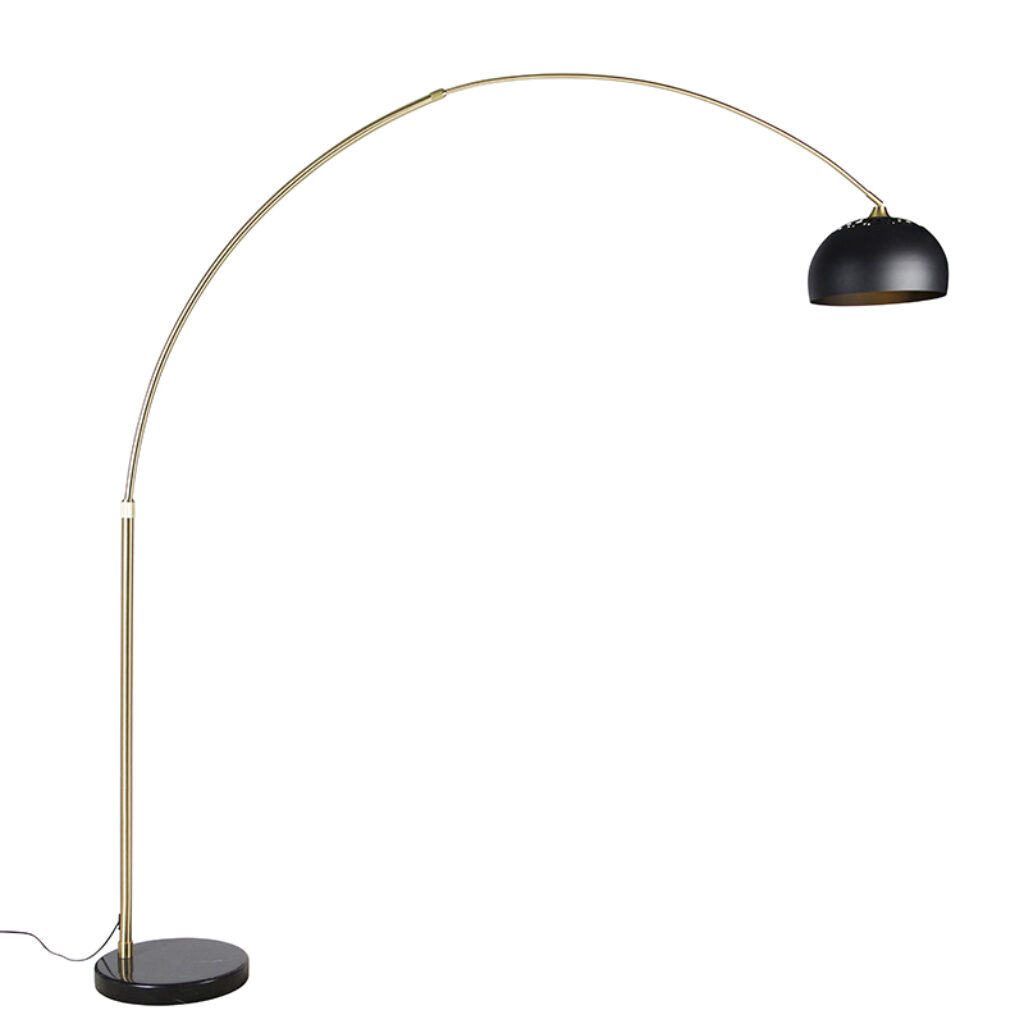 booglampen Moderne booglamp messing met marmeren voet en zwarte kap 325 cm XXL Staal Zwart Een vleugje modern maar toch heel dat is deze booglamp. De stalen in