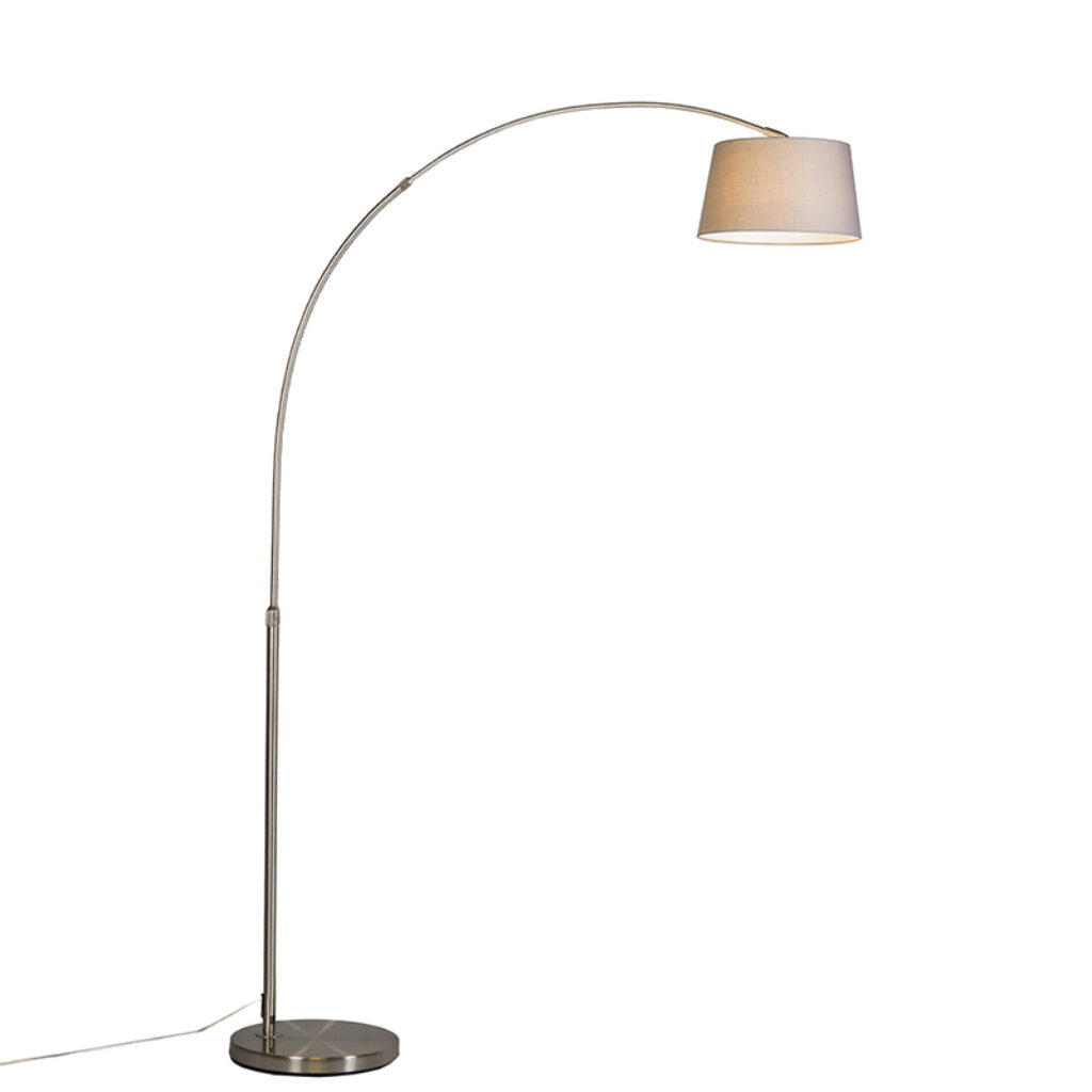 booglampen Moderne booglamp staal met grijze stoffen kap Arc Basic StofStaal Grijs De heeft een uitgesproken minimale uitstraling zijn stalen basis in