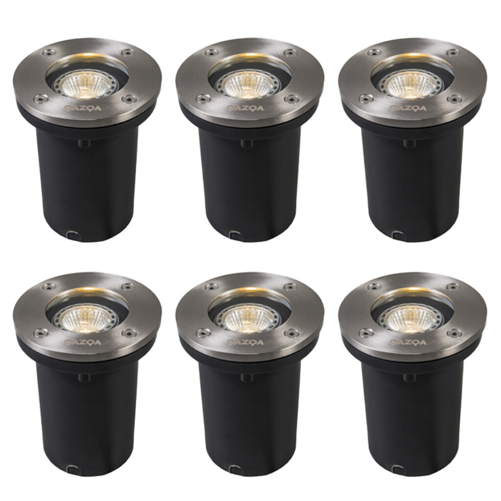 grondspots Set van 6 moderne grondspot staal RVS Basic Round GlasRoestvrij Staal Laat jouw tuin of oprit stralen met de Round. De spot is gemaakt glas. Hij