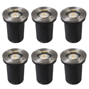 grondspots Set van 6 moderne grondspot staal RVS Basic Round GlasRoestvrij Staal Laat jouw tuin of oprit stralen met de Round. De spot is gemaakt glas. Hij