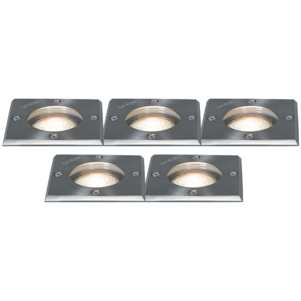 grondspots Set van 5 Grondspots staal IP65 Basic Square GlasRoestvrij Staal Met deze inbouwspot voorzie je de tuin sfeervolle verlichting. vierkante grondspot