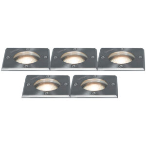 grondspots Set van 5 Grondspots staal IP65 Basic Square GlasRoestvrij Staal Met deze inbouwspot voorzie je de tuin sfeervolle verlichting. vierkante grondspot