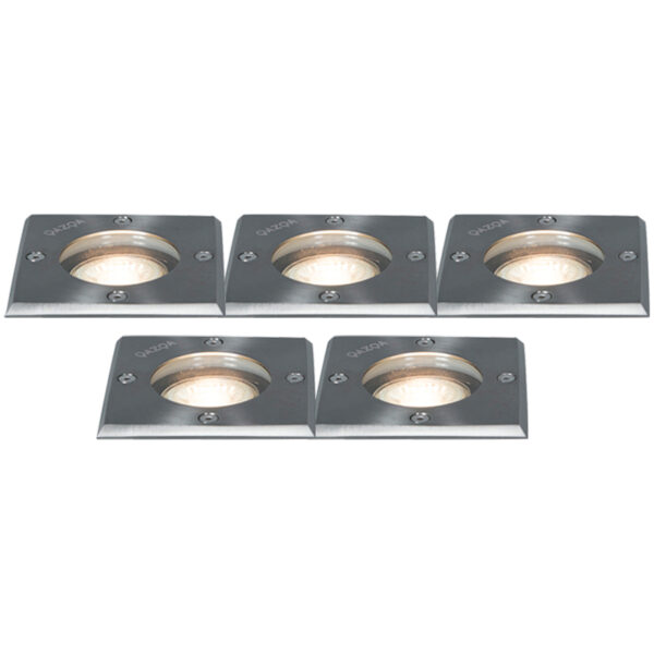 grondspots Set van 5 Grondspots staal IP65 Basic Square GlasRoestvrij Staal Met deze inbouwspot voorzie je de tuin sfeervolle verlichting. vierkante grondspot