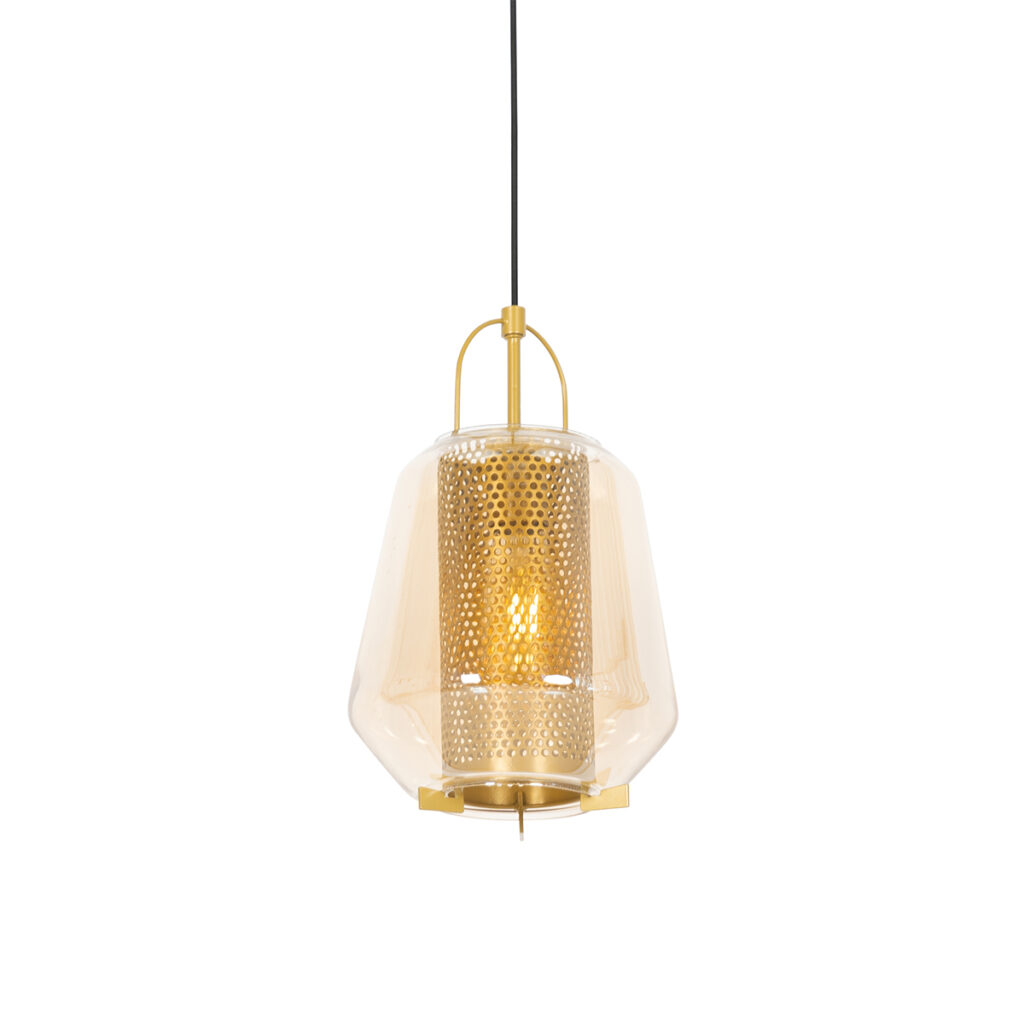 hanglampen Art deco hanglamp goud met amber glas 23 cm Kevin GlasStaal Het is bijna kunst deze art hanglamp. Prachtig voor elke ruimte waar je nog wel een