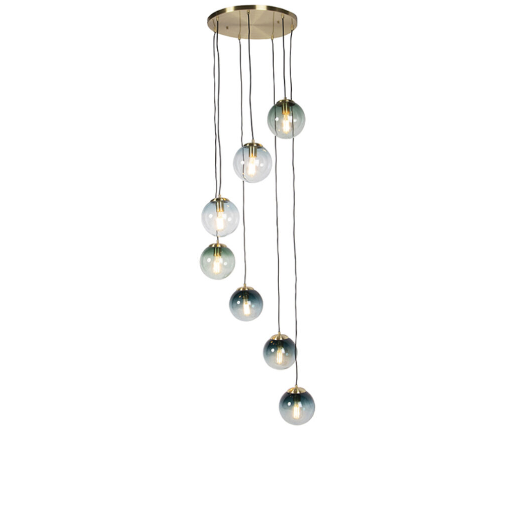 hanglampen Art deco hanglamp messing met blauw glas Pallon GlasStaal Super leuke combinatie deze Hij heeft een kleur en 7 lichtpunten die zorgen voor aangename