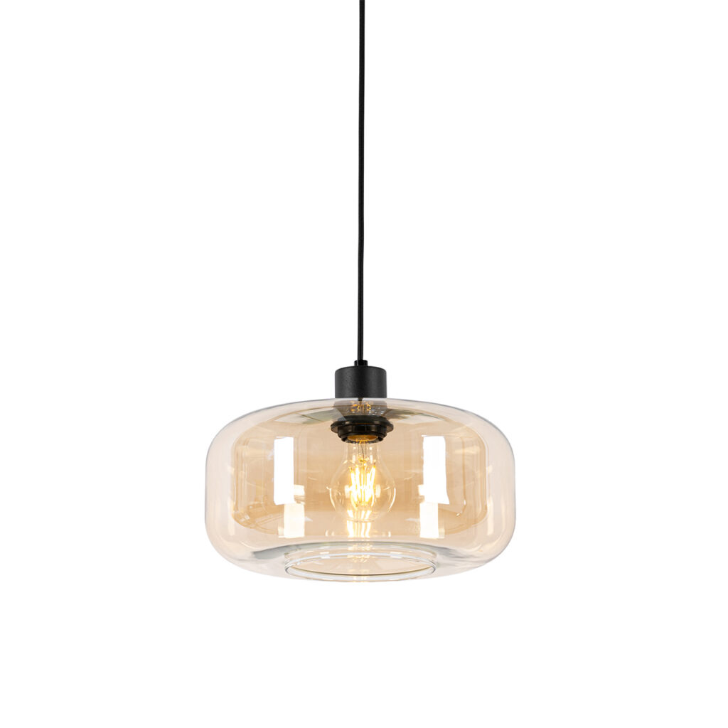 hanglampen Art deco hanglamp zwart met amber glas Bizle GlasStaal Beige