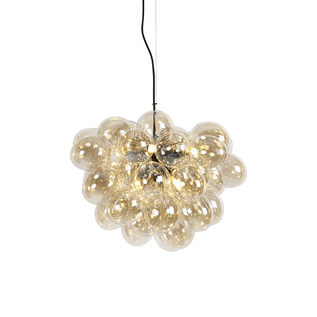 hanglampen Art Deco hanglamp zwart met Amber glas Uvas GlasStaal Wat een mooie lamp is echte eyecatcher voor in de woonkamer of eetkamer. De gemaakt van staal