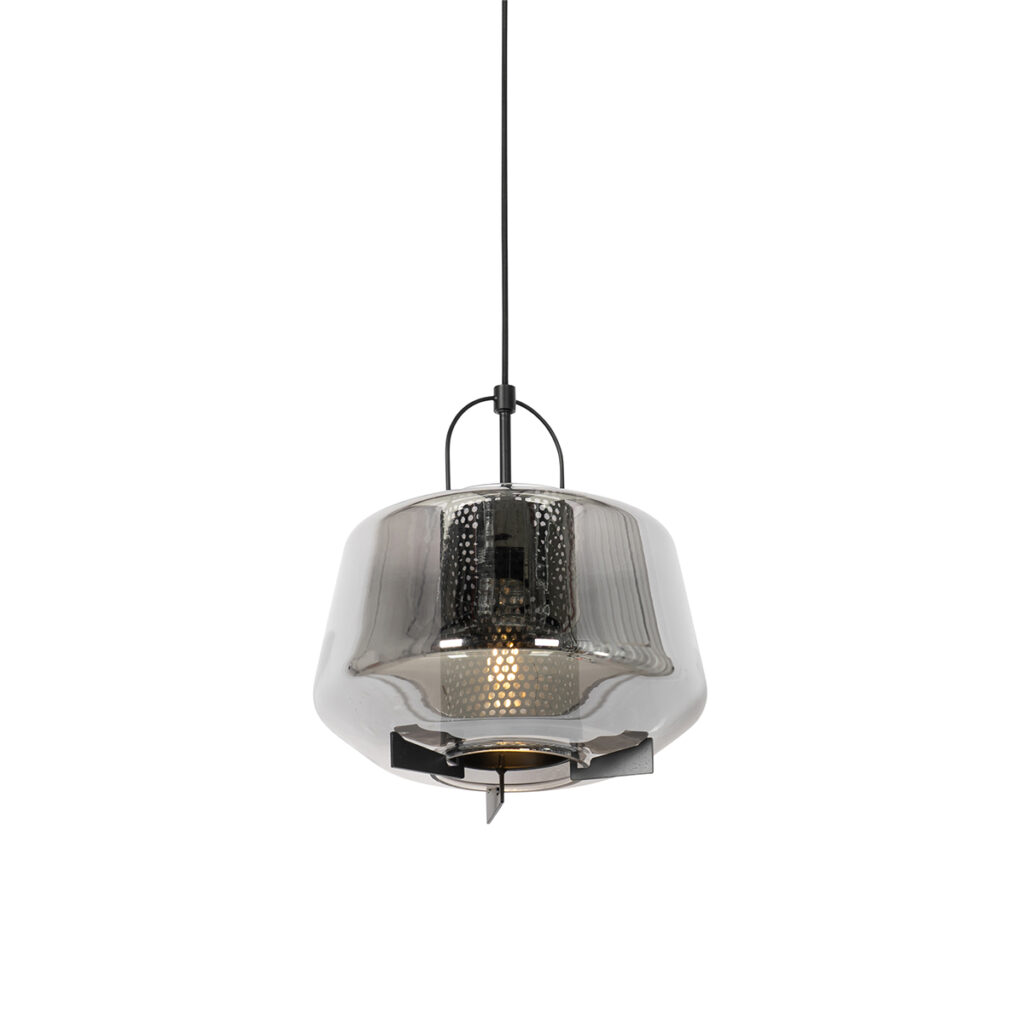 hanglampen Art deco hanglamp zwart met smoke glas 30 cm Kevin GlasStaal Grijs Het is bijna kunst deze art hanglamp. Prachtig voor elke ruimte waar je nog wel