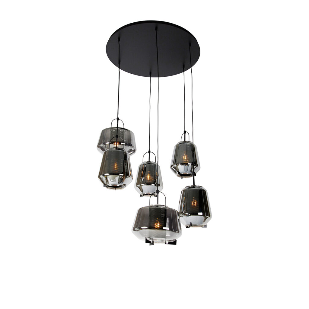 hanglampen Art deco hanglamp zwart met smoke glas Kevin GlasStaal Grijs Het is bijna kunst deze art hanglamp. Prachtig voor elke ruimte waar je nog wel een
