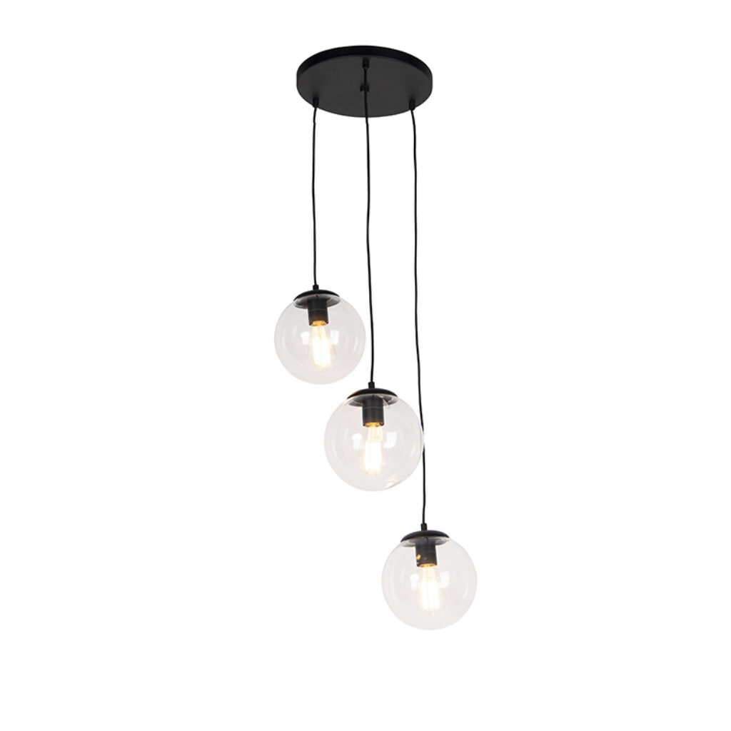 hanglampen Art deco hanglamp zwart Pallon GlasStaal Transparant Een tijdloze eyecatcher de Pallon. De lamp is afgewerkt met en 3 glazen bollen. Het een super