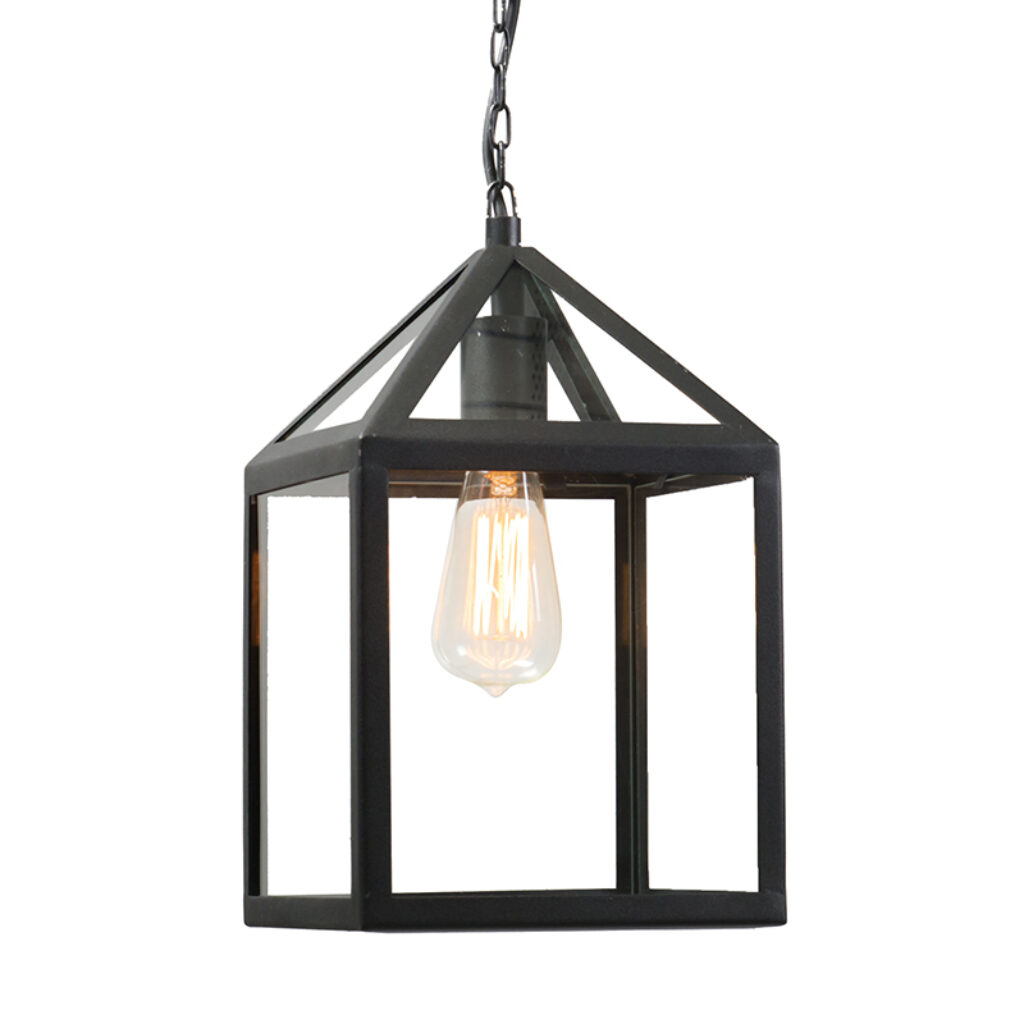 hanglampen buiten hanglamp zwart IP23 Amsterdam GlasRoestvrij staal Zwart Deze bestaat uit een vierkant frame voorzien van glazen panelen aan de zijkanten.