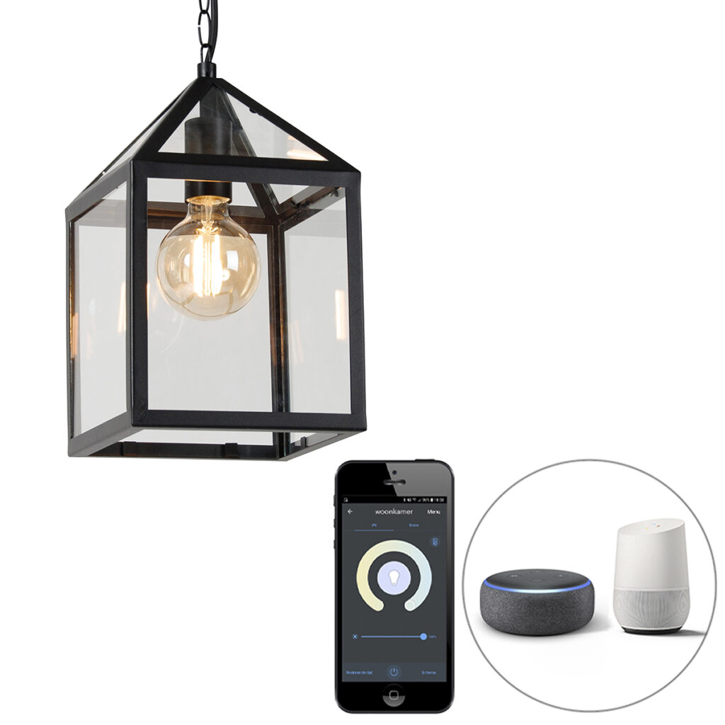 hanglampen buiten Smart hanglamp zwart IP23 incl. Wifi G95 Amsterdam Roestvrij staal Zwart Deze bestaat uit een vierkant frame voorzien van glazen panelen aan