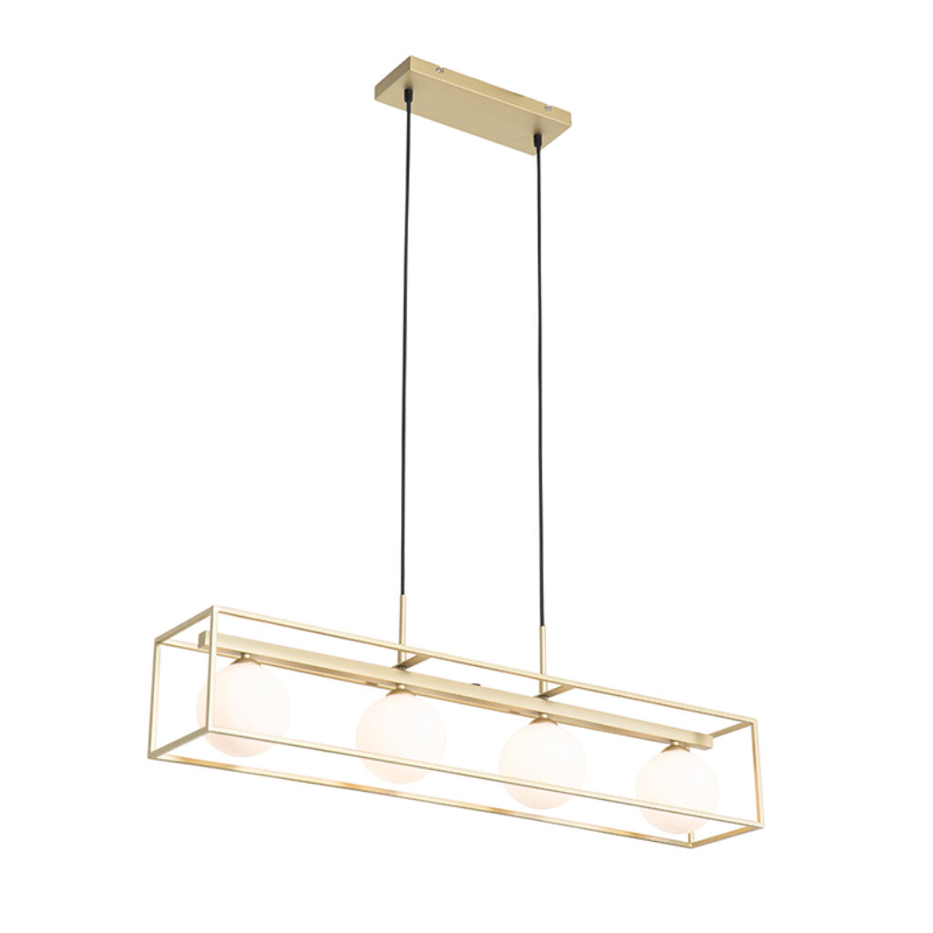 hanglampen Design hanglamp goud met wit glas Aniek Staal Haal stijl en klasse in huis plafondlamp Aniek. Het rechthoekige geraamte combinatie de ronde bollen