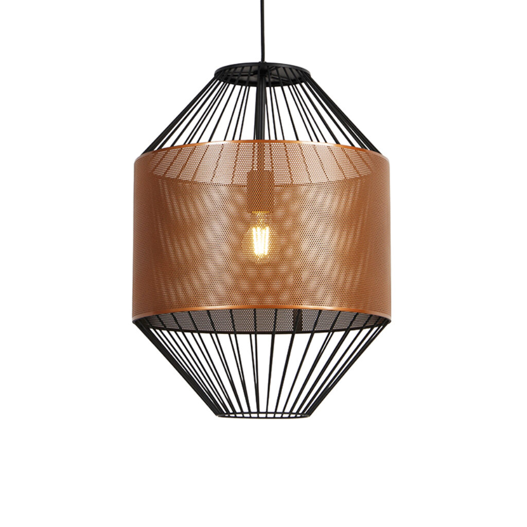 hanglampen Design hanglamp koper met zwart 40 cm Mariska Metaal Koper is een bijzonder mooie design hanglamp. Niet alleen de vorm maar vooral koperen cilinder