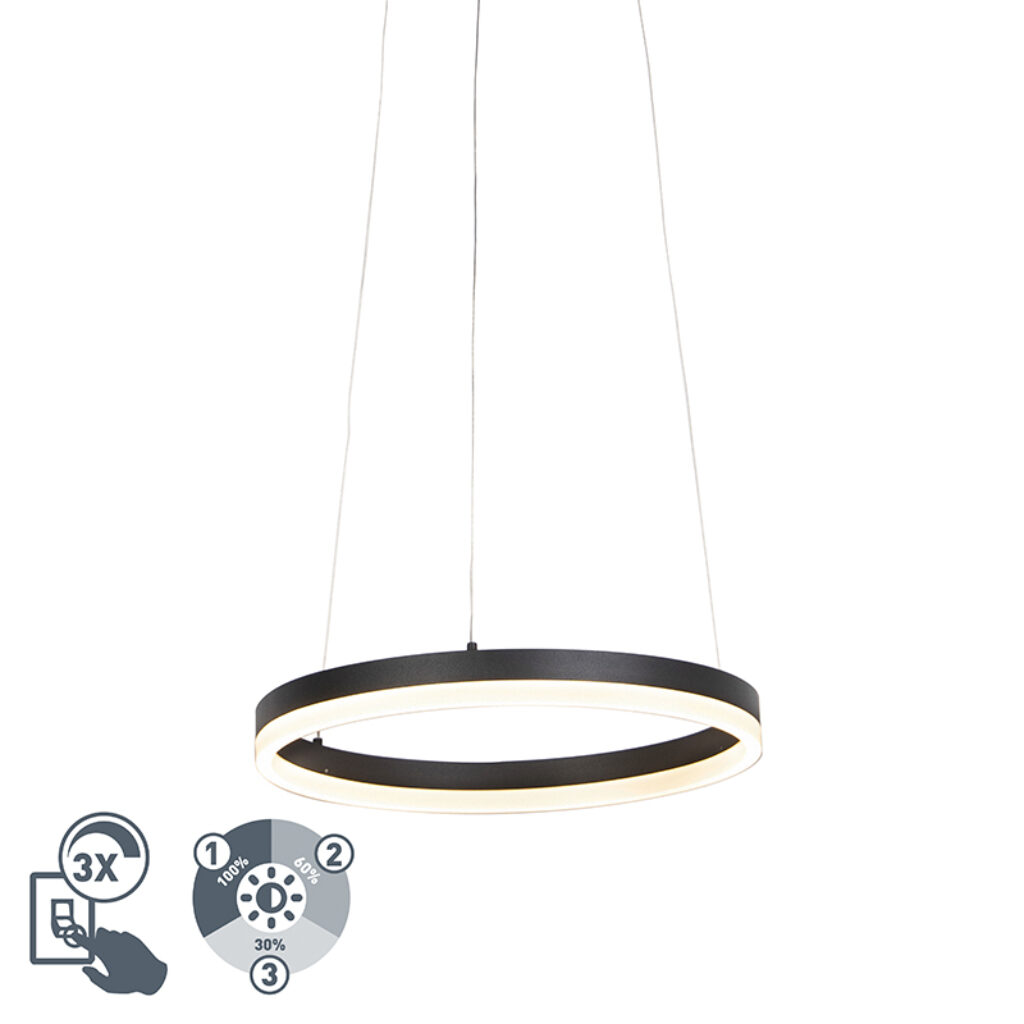 hanglampen Design hanglamp zwart 40 cm incl. LED dimbaar Anello AluminiumStaal Zwart Een strakke en moderne is deze Anello. De bovenkant van de ring strak mat