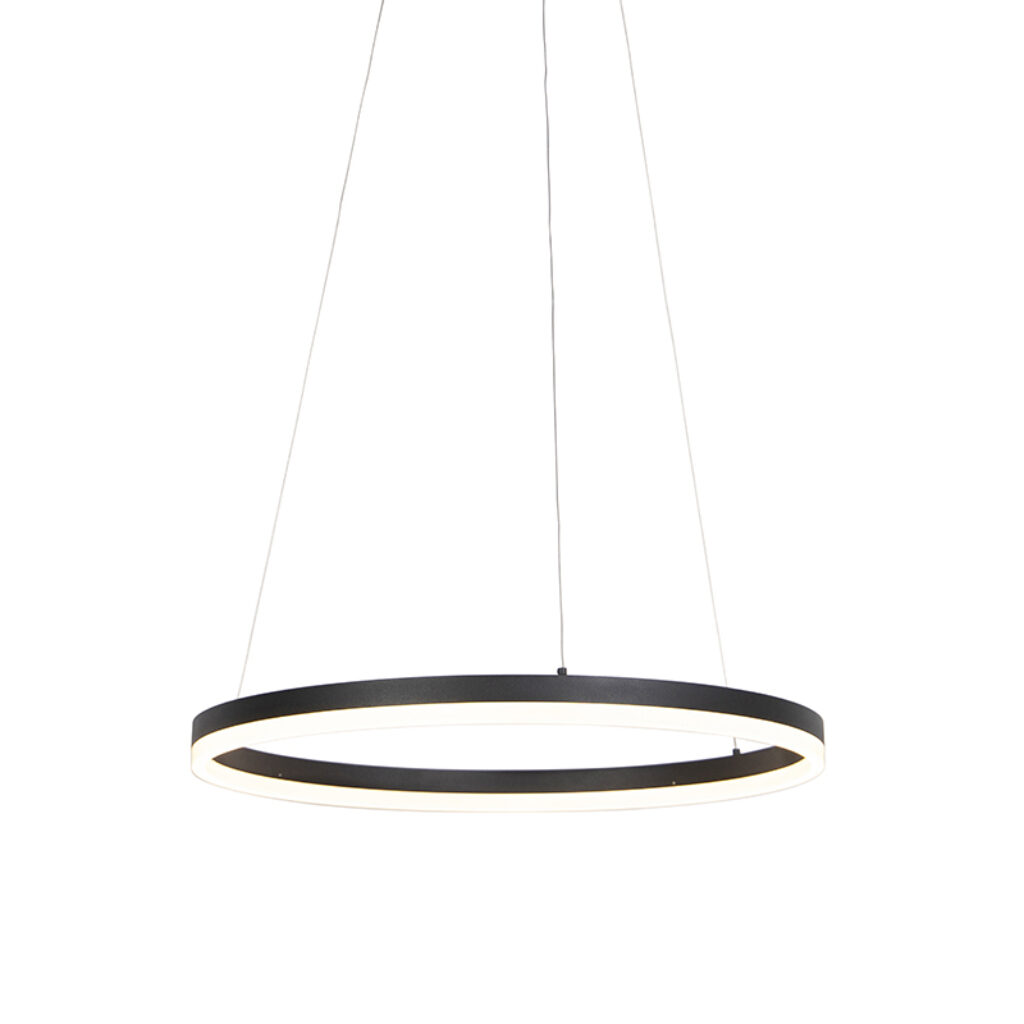 hanglampen Design hanglamp zwart 60 cm incl. LED dimbaar Anello AluminiumStaal Zwart Een strakke en moderne is deze Anello. De bovenkant van de ring strak mat