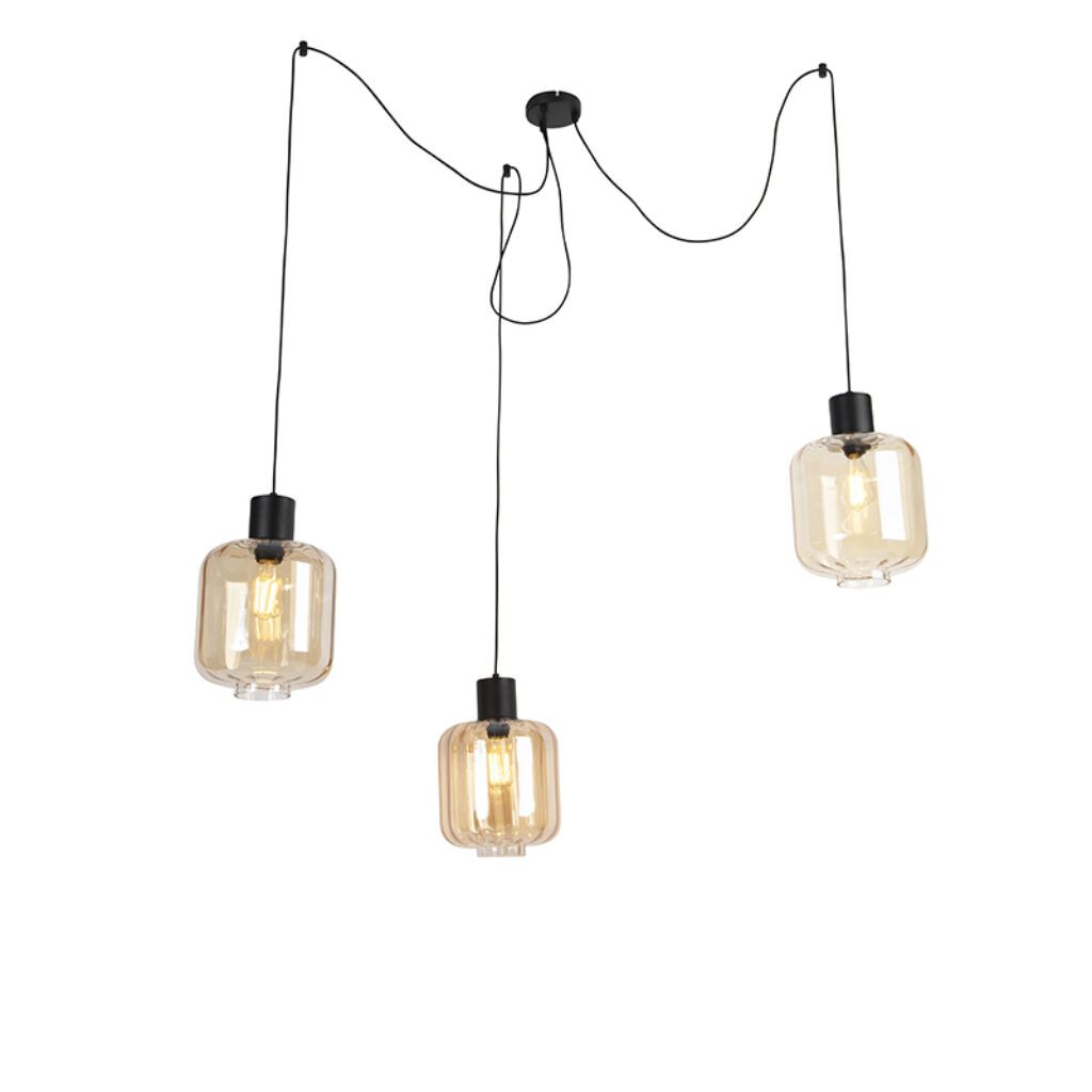 hanglampen Design hanglamp zwart met amber glas 226 cm Qara AluminiumGlasStaal Beige Deze mooie design mag niet ontbreken in jouw is afgewerkt staal en