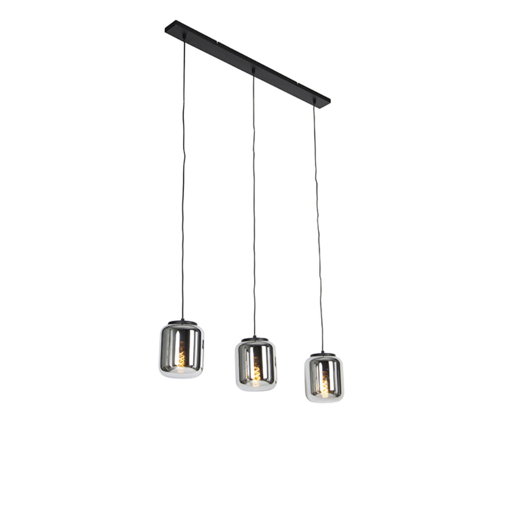 hanglampen Design hanglamp zwart met smoke glas Bliss GlasStaal Zwart Geef jouw woning een boost deze schitterende Bliss. De glazen kappen hebben shiny zilveren