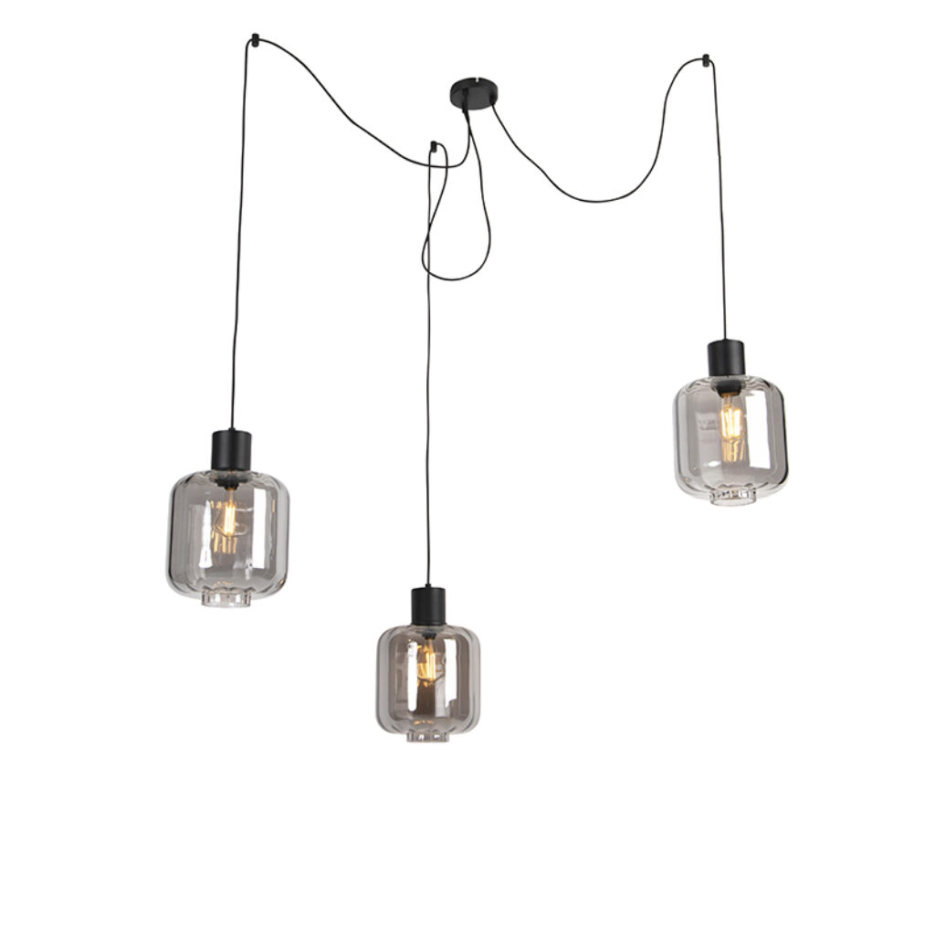 hanglampen Design hanglamp zwart met smoke glas 226 cm Qara AluminiumGlasStaal Zwart Deze mooie design mag niet ontbreken in jouw is gemaakt van staal en glas.