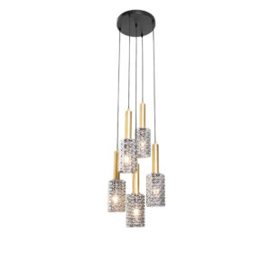hanglampen Hanglamp goud met smoke glas rond Elva GlasStaal Grijs Geef je interieur een Art Deco tintje onze Elva. Deze hanglamp heeft vijf kappen wat zorgt