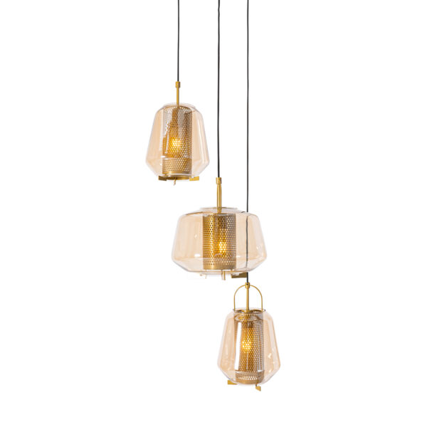 Hanglamp goud amber glas rond 3-lichts - Kevin - Afbeelding 2