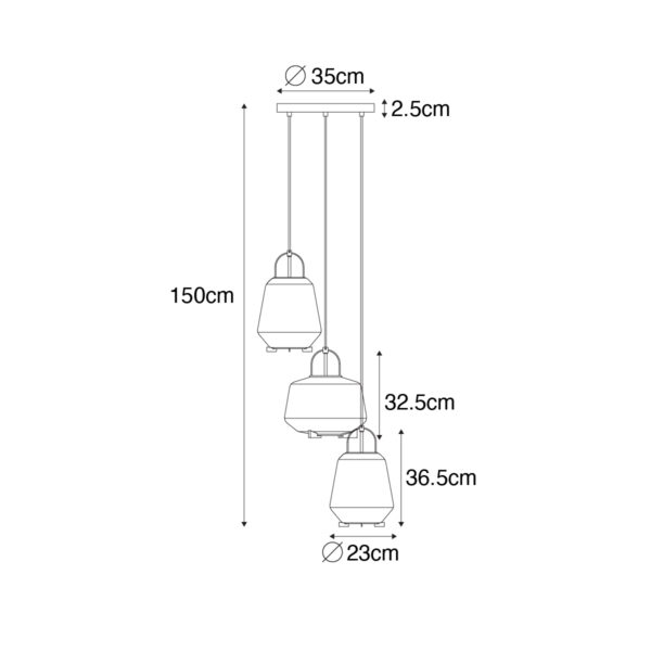 Hanglamp goud amber glas rond 3-lichts - Kevin - Afbeelding 3