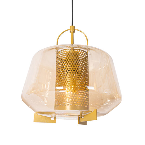 Hanglamp goud met amber glas 30 cm langwerpig 3-lichts - Kevin - Afbeelding 2