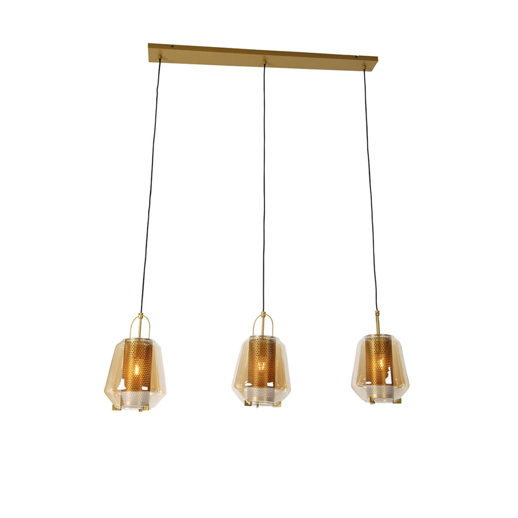 hanglampen Hanglamp goud met amber glas 23 cm langwerpig Kevin GlasStaal Het is bijna kunst deze hanglamp. Prachtig voor elke ruimte waar je nog wel een