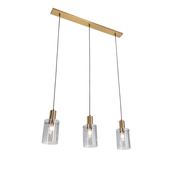 hanglampen Hanglamp messing met smoke glas langwerpig Vidra GlasStaal Moderne hanglamp drie lichtpunten in afwerking en perfect voor boven de eettafel. Maak het