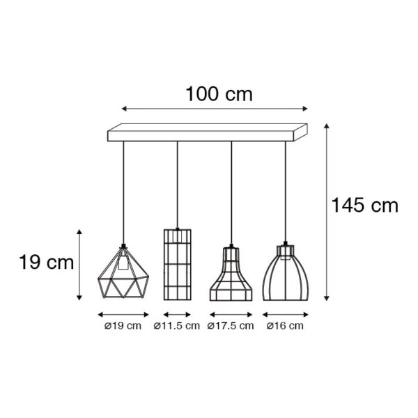 Industriële hanglamp zwart 4-lichts - Esva - Afbeelding 3