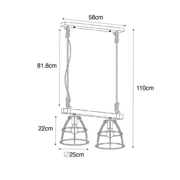 Industriële hanglamp zwart met hout 2-lichts - Arthur - Afbeelding 3
