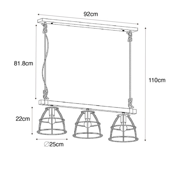 Industriële hanglamp zwart met hout 3-lichts - Arthur - Afbeelding 3