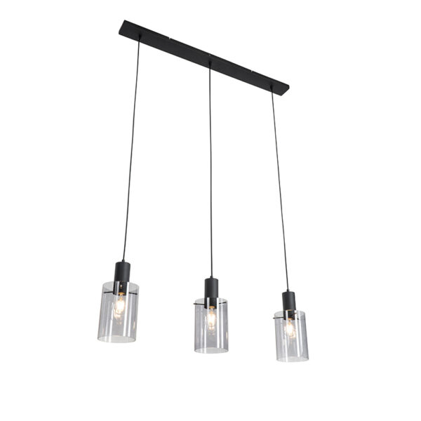 hanglampen Hanglamp zwart met smoke glas langwerpig Vidra GlasStaal Zwart hanglamp drie lichtpunten en perfect voor boven de eettafel. Maak jouw interieur