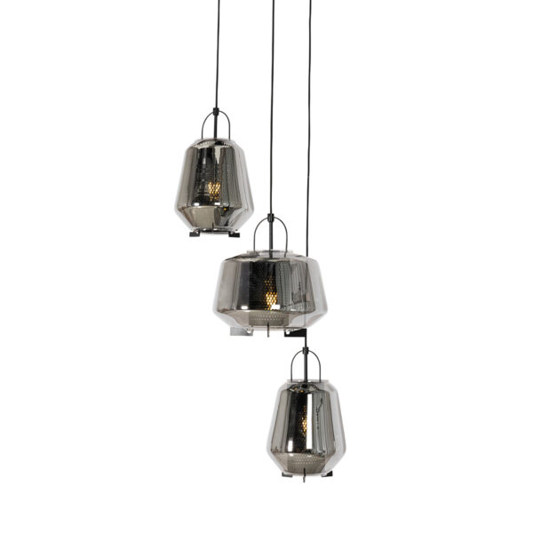 Hanglamp zwart met smoke glas rond 3-lichts - Kevin - Afbeelding 2