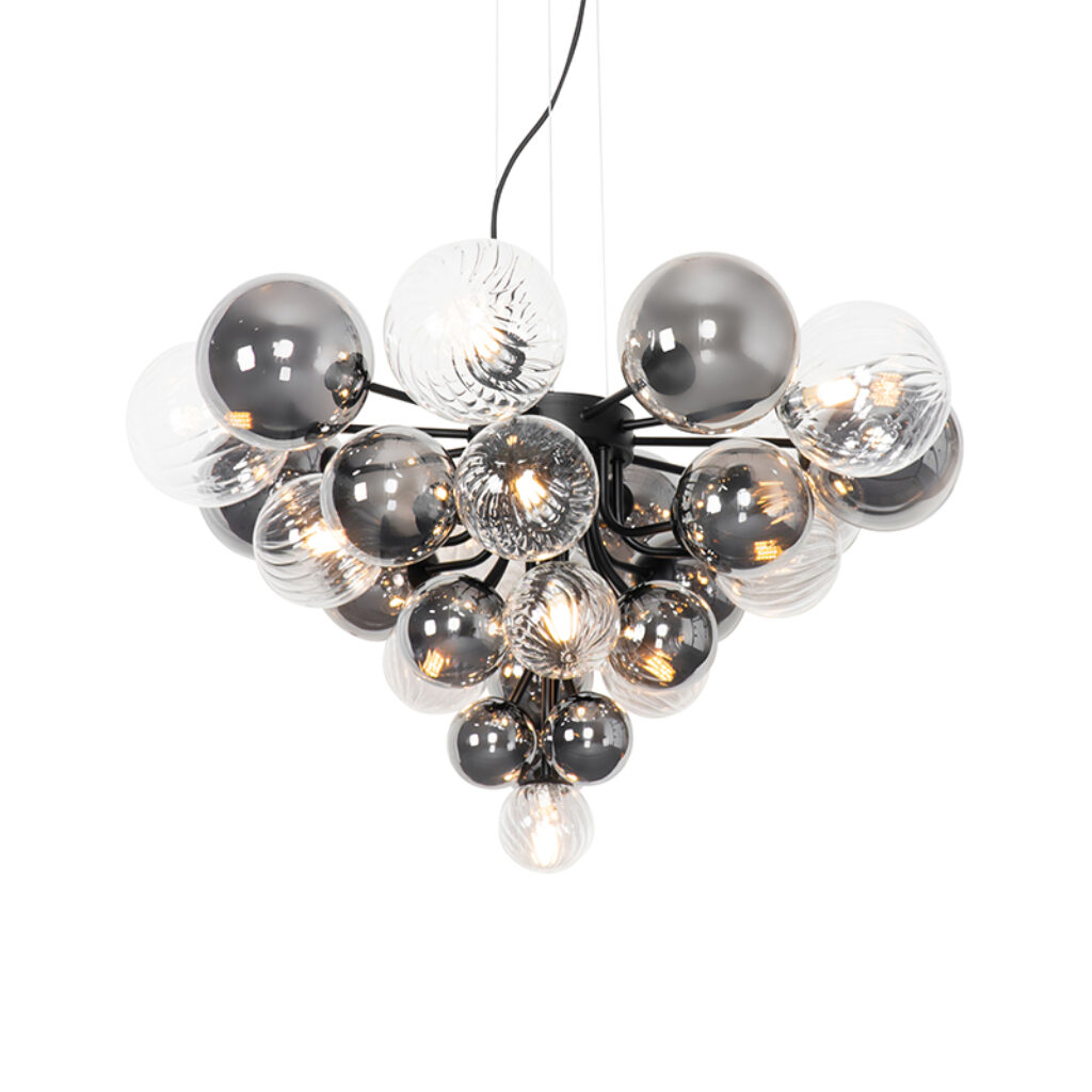hanglampen Hanglamp zwart met smoke en helder glas Bonnie GlasStaal Zwart Scoor een echte blikvanger de hanglamp. Deze Art Deco hanglamp heeft heldere glazen