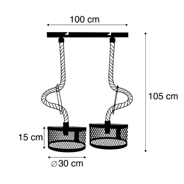 Industriële hanglamp zwart met touw 2-lichts - Cage Robusto - Afbeelding 3