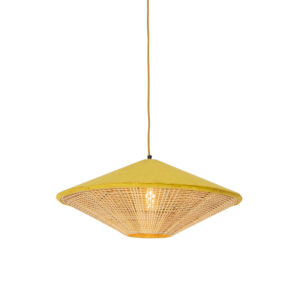 hanglampen Landelijke hanglamp gele velours met riet 60 cm Frills Can RotanStaalStof Geel Deze zal prachtig staan in jouw landelijke interieur. Door de kap en