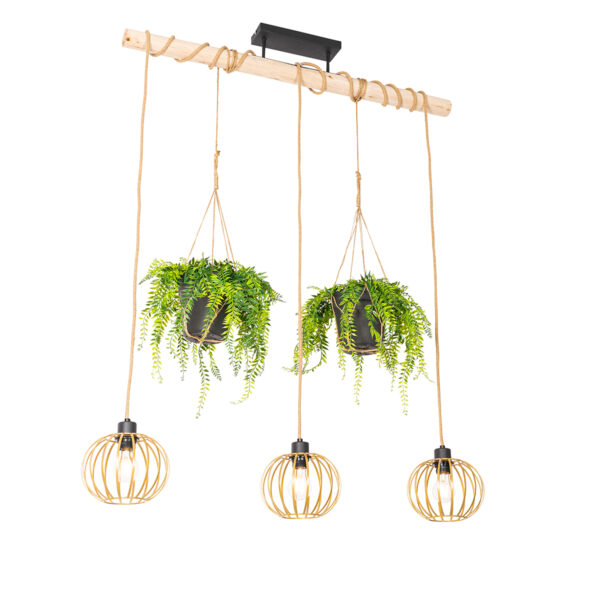hanglampen Landelijke hanglamp goud met hout Yura HoutStaalTouw Zwart Plant eruit lamp Zeker niet Yura. Deze geeft je de optie om te genieten van gezellig licht