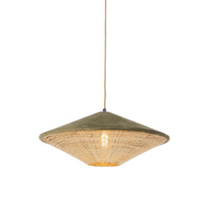 hanglampen Landelijke hanglamp groene velours met riet 60 cm Frills Can RotanStaalStof Groen Deze zal prachtig staan in jouw landelijke interieur. Door de kap