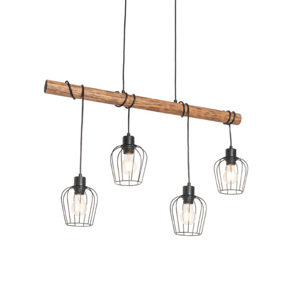 Landelijke hanglamp zwart met hout 4-lichts - Stronk - Afbeelding 2