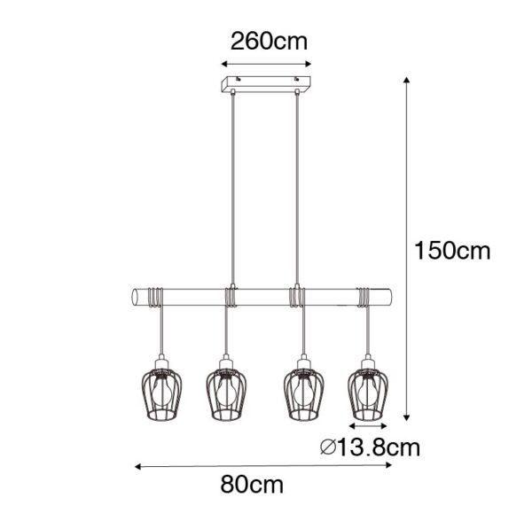 Landelijke hanglamp zwart met hout 4-lichts - Stronk - Afbeelding 3