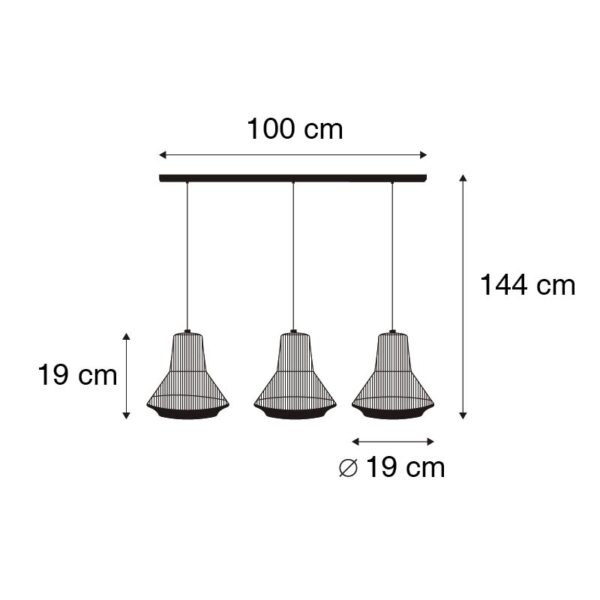 Landelijke hanglamp zwart met touw 19 cm 3-lichts - Jenthe - Afbeelding 3
