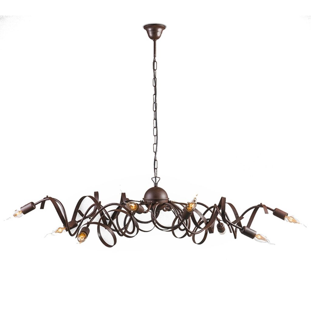 hanglampen Landelijke kroonluchter bruin Ricciolo Metaal Roestbruin Een rustieke eyecatcher in Deze heeft 10 sierlijke en decoratieve stalen armen. Fijne
