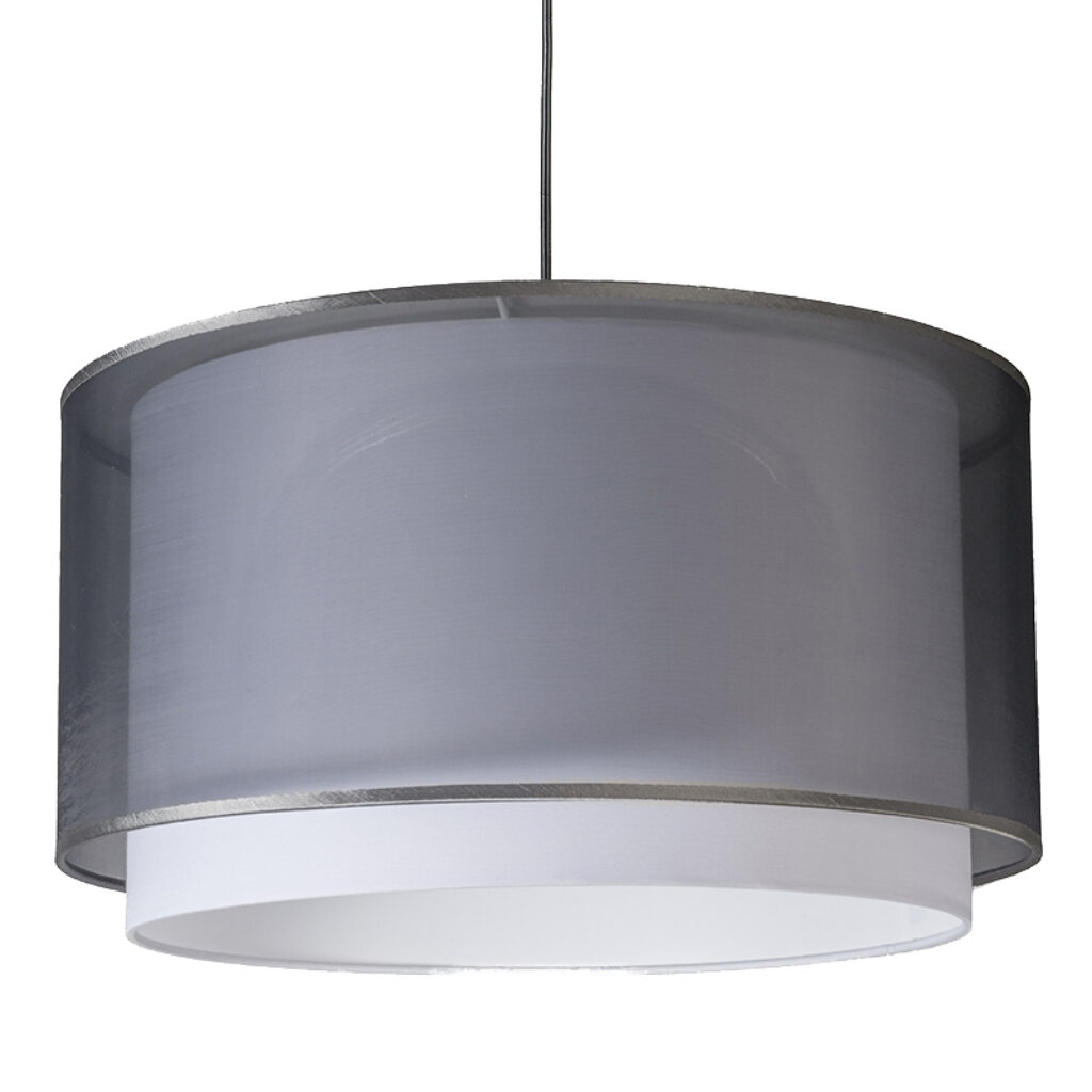 hanglampen Moderne hanglamp met kap Duo KunststofStof Grijs Al het goede komt in Zo ook deze lampenkap. Een elegante een en zwarte over elkaar heen geplaatst.
